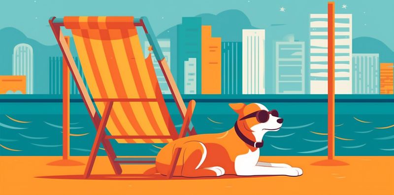 dog vacation summer pet sunglasses lazy funny beach relax chair. Generative AI.