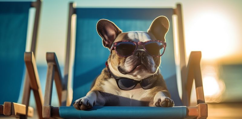 dog funny pet vacation chair beach lazy relax sunglasses summer. Generative AI.
