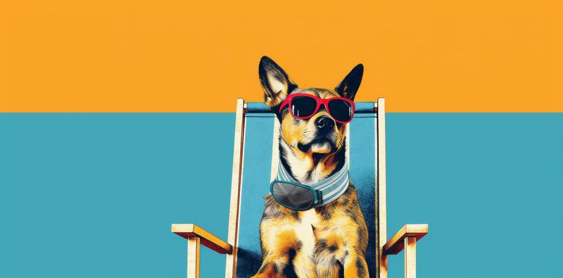dog sunglasses pet beach vacation funny chair lazy summer relax. Generative AI.