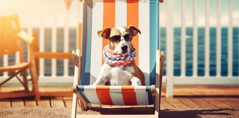 vacation dog relax chair beach sunglasses summer pet funny lazy. Generative AI.