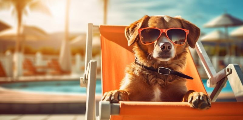 vacation dog pet beach chair summer sunglasses lazy relax funny. Generative AI.