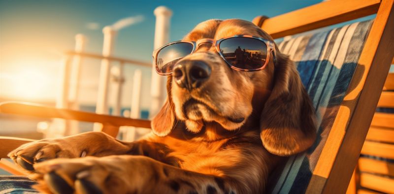 beach dog funny vacation chair summer pet sunglasses relax lazy. Generative AI.