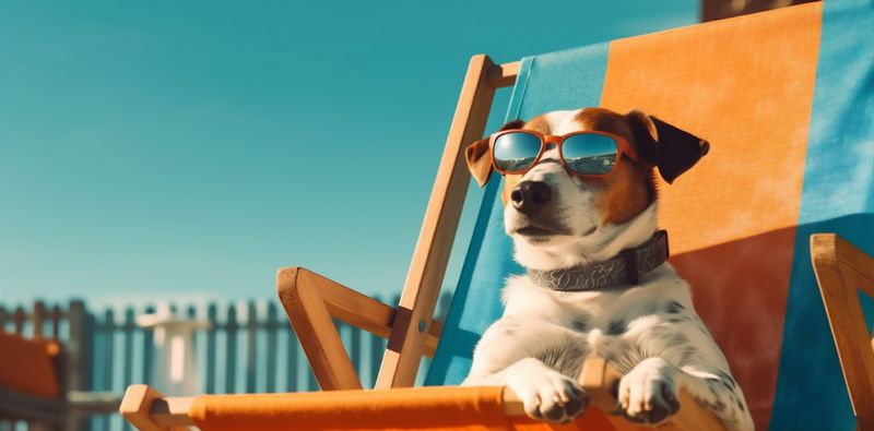 dog vacation sunglasses lazy relax funny summer beach chair pet. Generative AI.