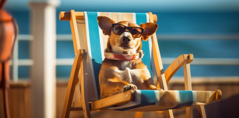 summer dog vacation pet funny chair lazy beach relax sunglasses. Generative AI.