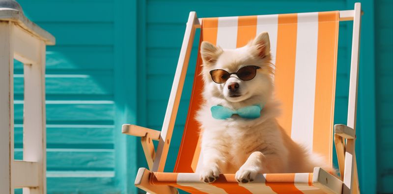 dog vacation relax beach lazy chair summer funny sunglasses pet. Generative AI.