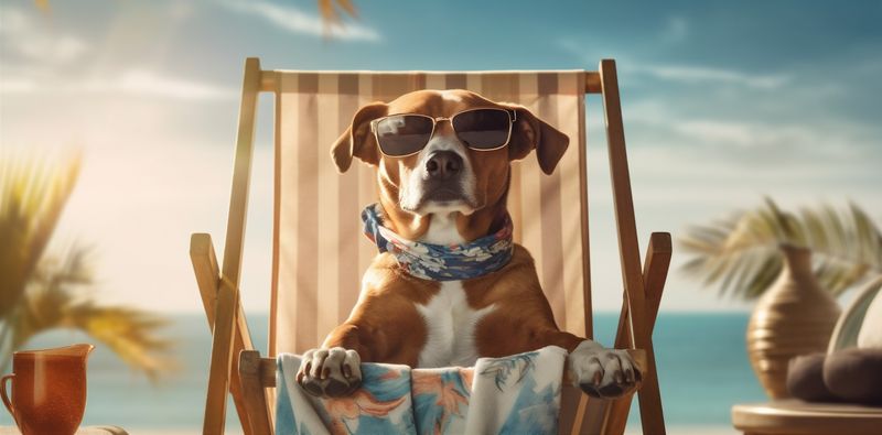 dog vacation chair lazy summer beach funny relax sunglasses pet. Generative AI.