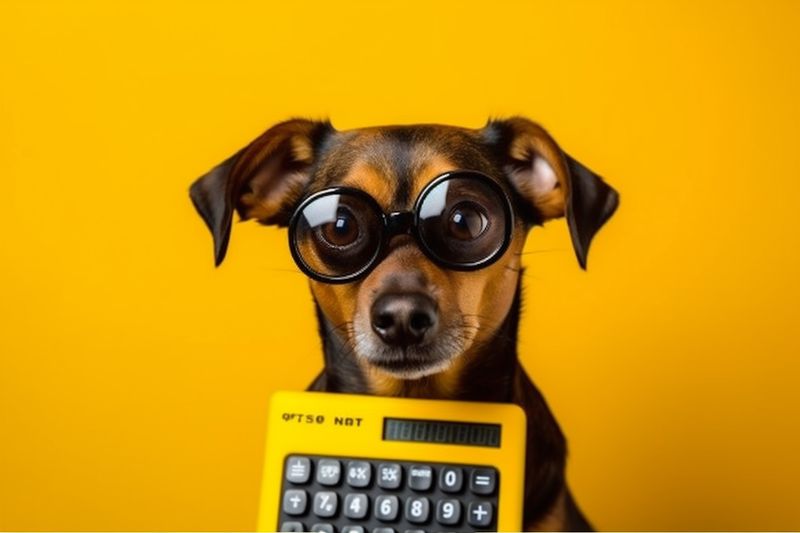 dog business finance yellow funny humor financial animal calculator pet background. Generative AI.