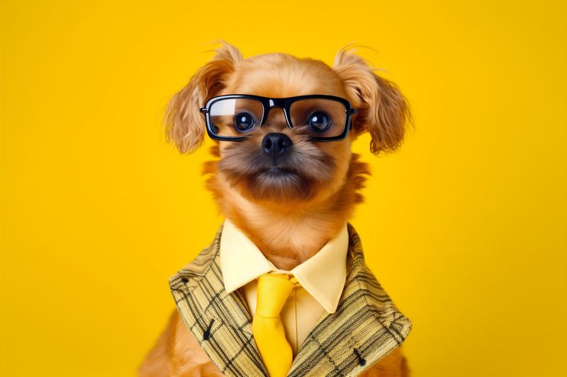 pet dog business glasses background yellow financial finance humor animal funny. Generative AI.