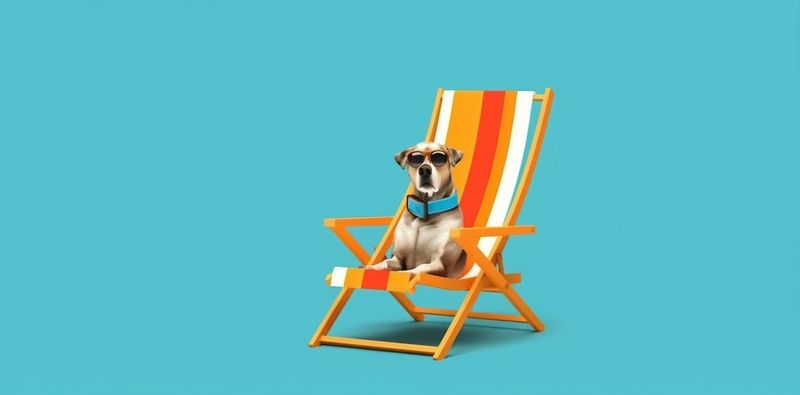 chair dog relax beach pet summer vacation lazy sunglasses funny. Generative AI.