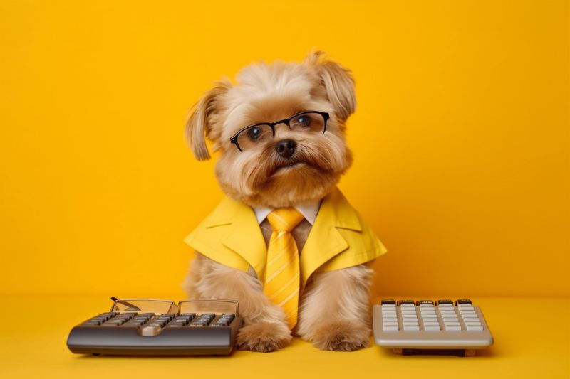 animal dog financial accountant finance yellow business humor background pet funny. Generative AI.