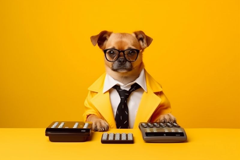 datum dog funny animal humor yellow business pet background financial finance. Generative AI.