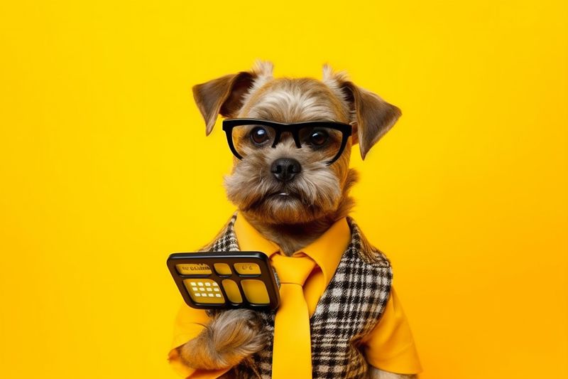 business dog animal humor background yellow financial funny finance pet eyeglass. Generative AI.