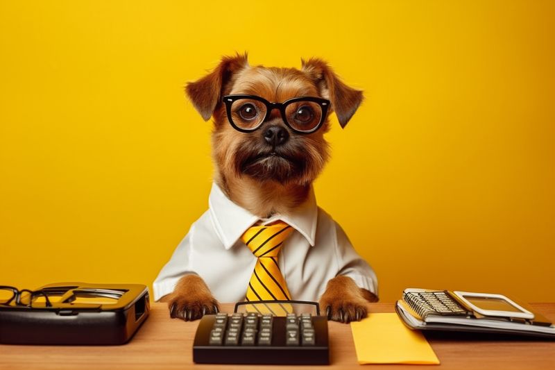 glasses dog business animal financial finance yellow pet background funny humor. Generative AI.