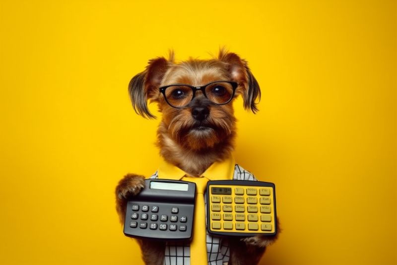 humor dog funny mathematic finance animal pet financial business yellow background. Generative AI.