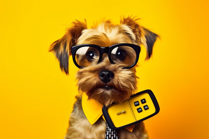 dog finance business humor funny animal financial banker pet background yellow. Generative AI.