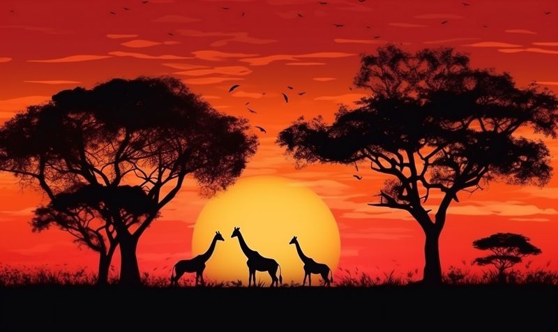 elephant safari nature silhouette sunset giraffe wildlife wild animal africa. Generative AI.