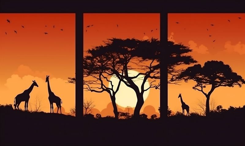 sunset wild animal safari elephant wildlife silhouette nature africa giraffe. Generative AI.