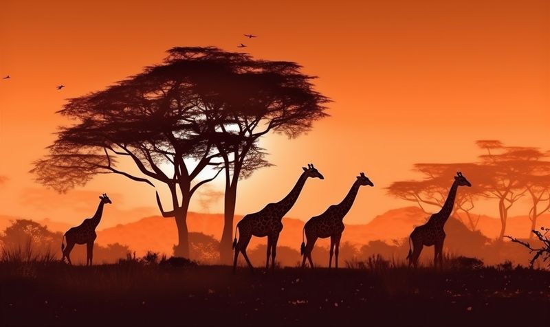giraffe africa wild animal elephant silhouette sunset safari nature wildlife. Generative AI.