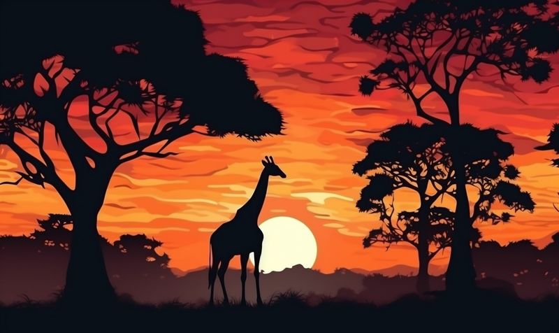 wildlife elephant silhouette safari giraffe africa sunset wild animal nature. Generative AI.