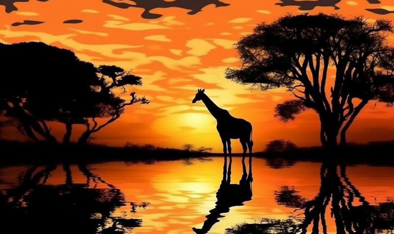 elephant giraffe africa silhouette sunset animal nature safari wildlife wild. Generative AI.