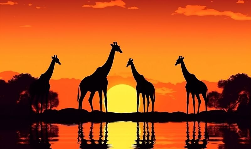 sunset wildlife africa animal giraffe elephant safari silhouette wild nature. Generative AI.