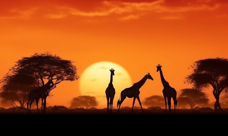 wildlife nature sunset safari africa giraffe animal silhouette wild elephant. Generative AI.
