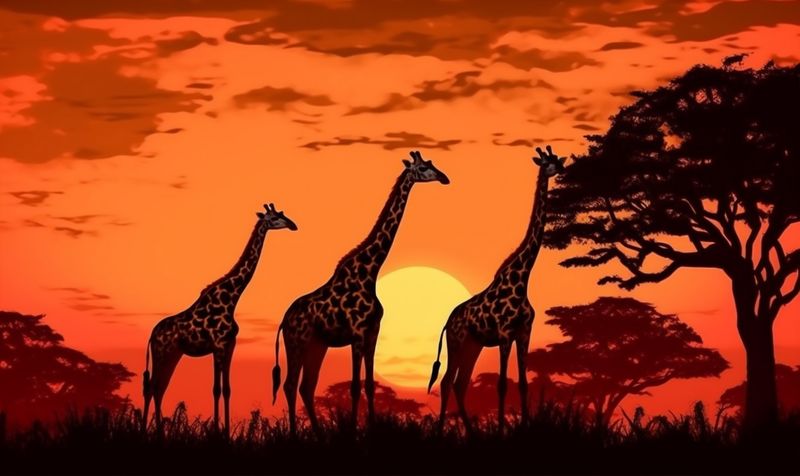 elephant animal safari giraffe wildlife sunset africa nature silhouette wild. Generative AI.