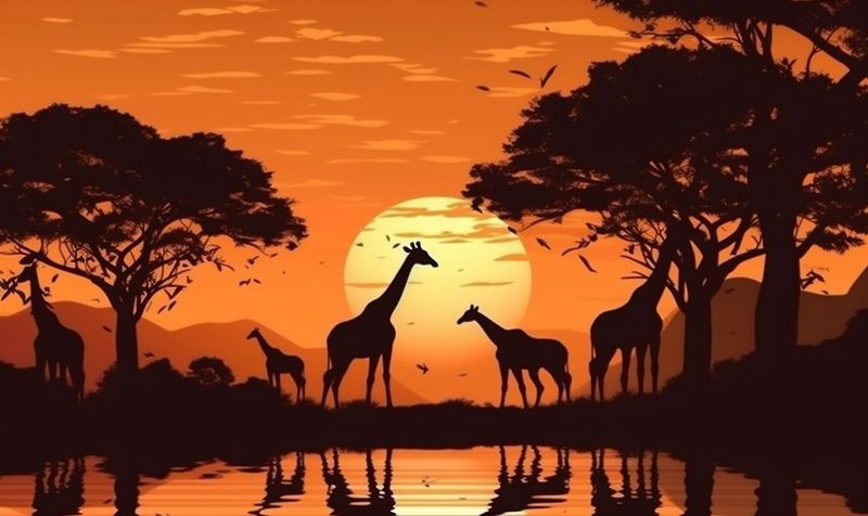 sunset africa wild silhouette nature safari wildlife animal elephant giraffe. Generative AI.