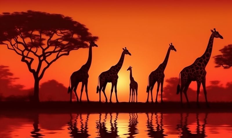 animal africa silhouette giraffe nature safari elephant sunset wild wildlife. Generative AI.