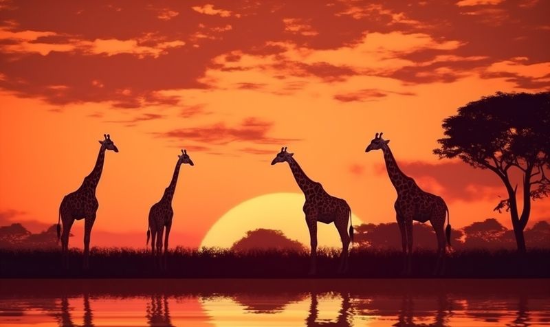 nature sunset africa silhouette animal wild elephant giraffe safari wildlife. Generative AI.