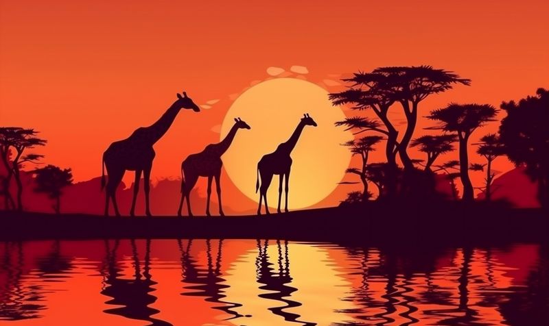 animal africa sunset nature wildlife giraffe elephant wild silhouette safari. Generative AI.