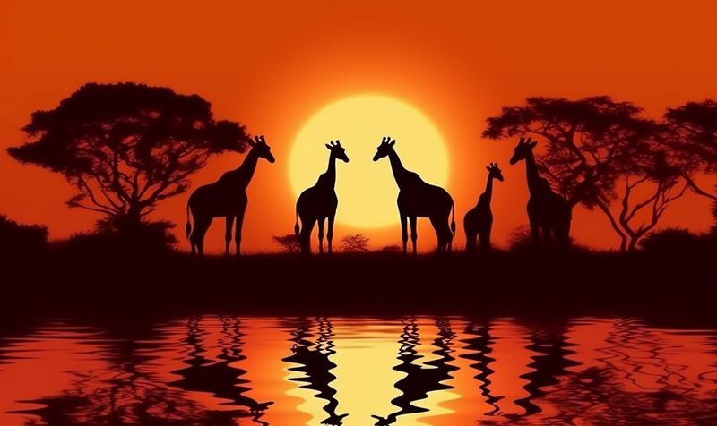 wild sunset elephant nature animal wildlife africa safari silhouette giraffe. Generative AI.