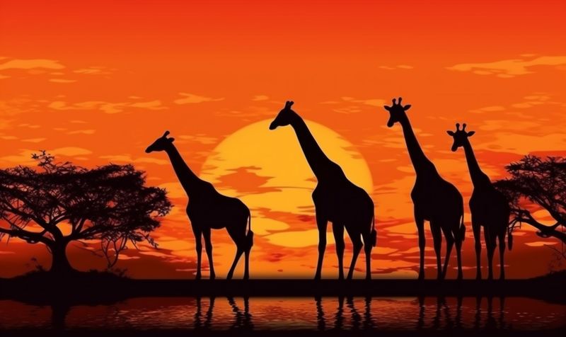 sunset elephant wildlife animal silhouette wild giraffe safari africa nature. Generative AI.