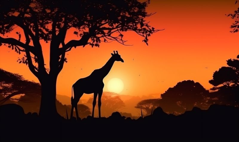 silhouette nature wildlife sunset giraffe wild elephant africa animal safari. Generative AI.
