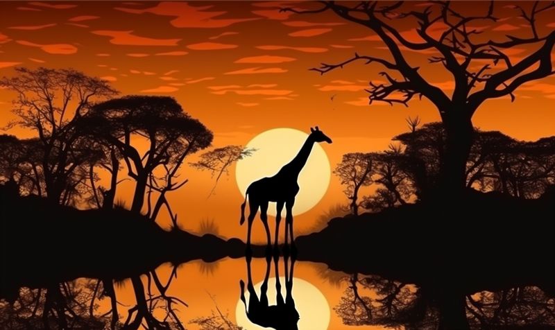 sunset wild giraffe silhouette elephant safari africa animal nature wildlife. Generative AI.