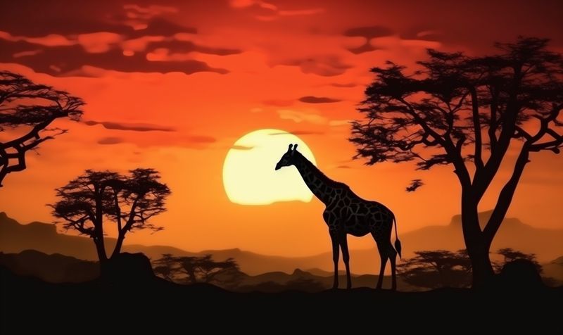 animal safari wildlife wild nature africa giraffe elephant silhouette sunset. Generative AI.
