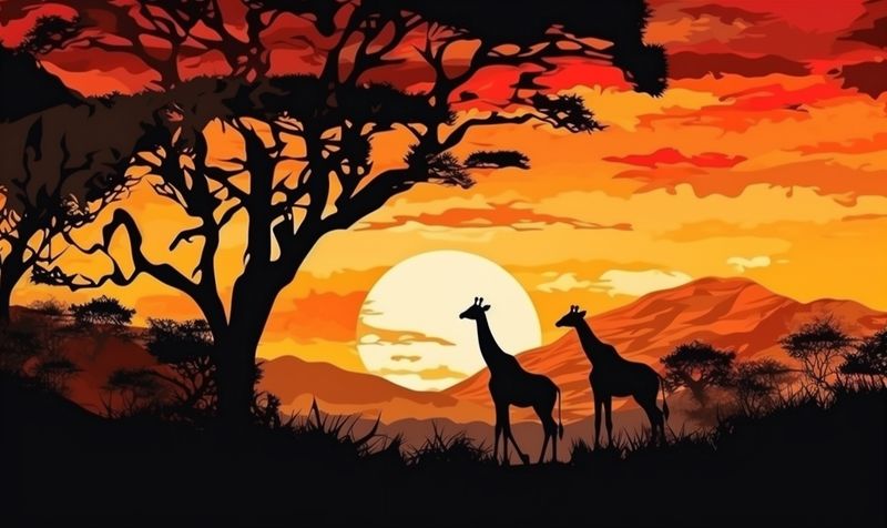 elephant wild sunset africa nature giraffe animal wildlife silhouette safari. Generative AI.
