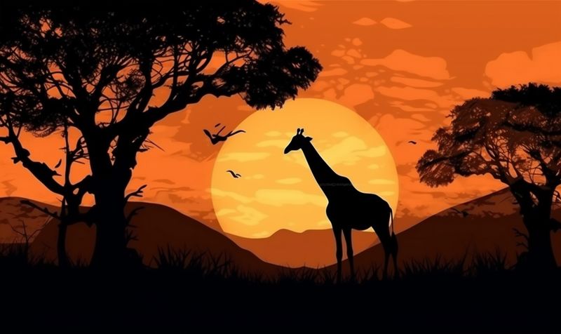 animal africa wildlife silhouette elephant safari giraffe sunset nature wild. Generative AI.