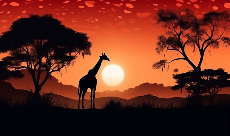 wildlife sunset elephant africa nature wild silhouette safari giraffe animal. Generative AI.