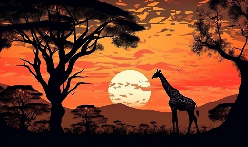 africa wild giraffe animal sunset nature safari wildlife silhouette elephant. Generative AI.