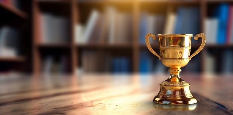 celebration library award cup gold prize bokeh champion competition trophy. Generative AI.