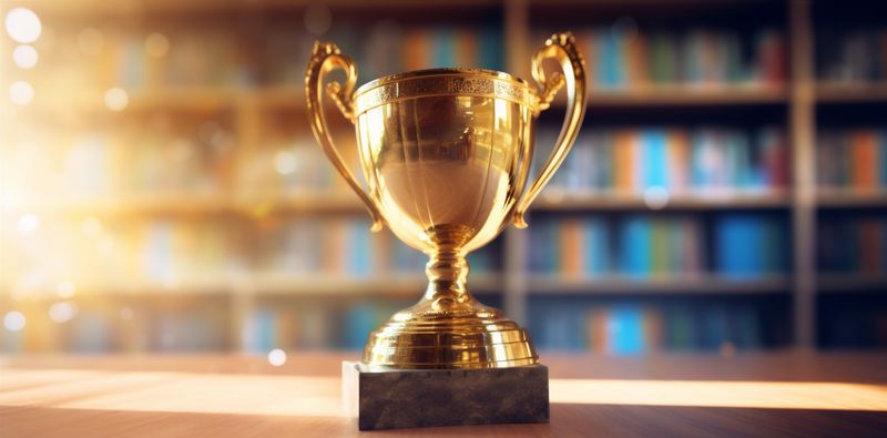 award competition celebration cup prize library trophy bokeh champion gold. Generative AI.