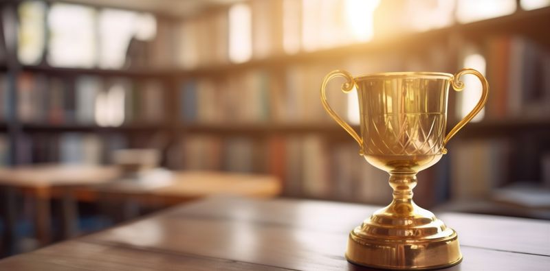 bokeh champion cup award gold prize library celebration trophy competition. Generative AI.