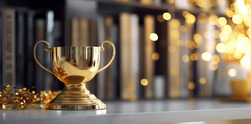 gold champion trophy cup competition bokeh award library celebration prize. Generative AI.