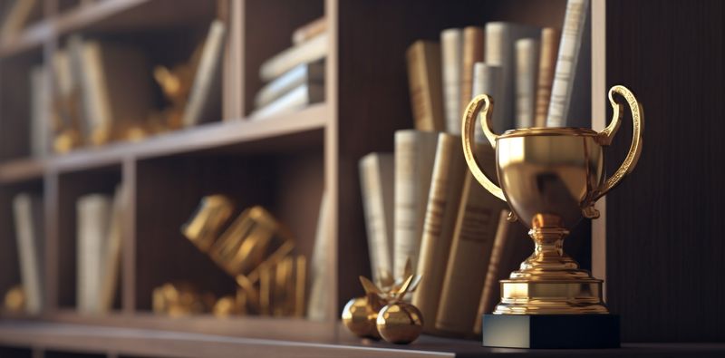 competition prize gold award champion celebration bokeh trophy cup library. Generative AI.