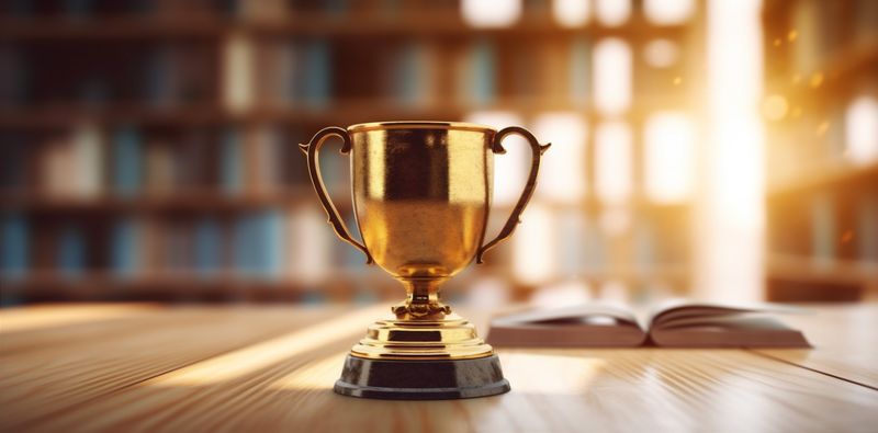 gold cup champion award celebration prize bokeh trophy library competition. Generative AI.