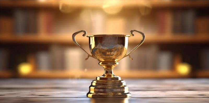 prize award champion competition bokeh celebration library cup trophy gold. Generative AI.