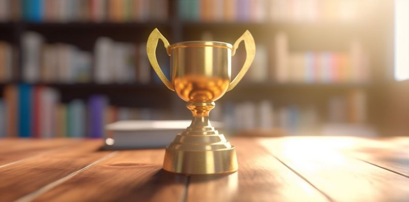 gold prize trophy bokeh cup library competition champion award celebration. Generative AI.
