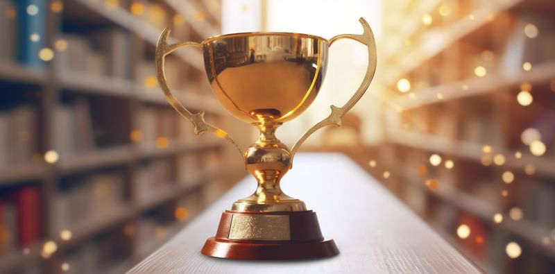 trophy award prize cup competition bokeh library celebration gold champion. Generative AI.