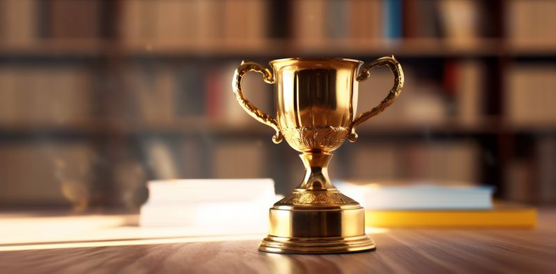 competition cup prize celebration gold library champion trophy award bokeh. Generative AI.